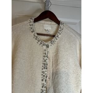 H&M Cream Bouclé Embellished Cardigan Sweater Size M Rhinestone